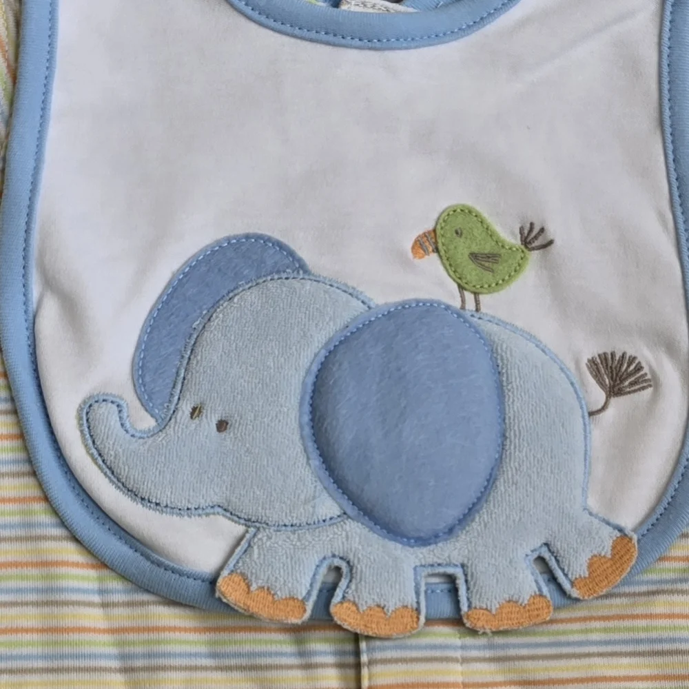 NWT 6-9M BOYS 2P ROMPER + BIB SET Striped COTTON BLUE Elephant LITTLE SAFARI (3)